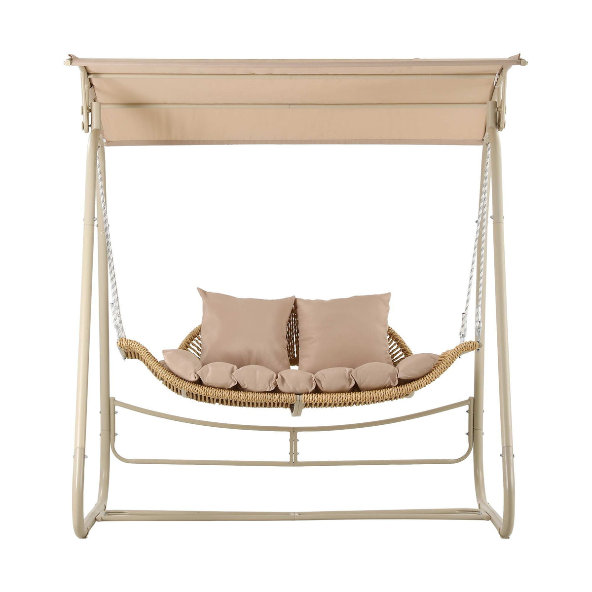 Gardeon Outdoor Swing Chair in beige woven rattan with a cushioned two-person hammock seat and adjustable canopy