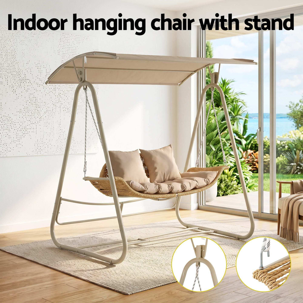 Gardeon Outdoor Swing Chair in beige PE rattan with a wide two-seat basket, matching cushions and a fabric canopy