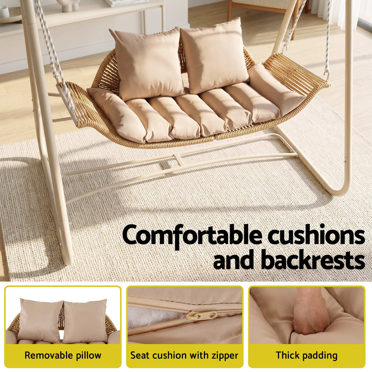 Gardeon Outdoor Swing Chair with a beige woven rattan seat, thick tufted cushions and two removable pillows