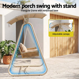 Gardeon Outdoor Swing Chair with a beige woven rattan seat, curved adjustable canopy and sturdy triangular metal stand