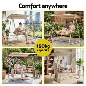 Gardeon Outdoor Swing Chair with beige rattan two-seater, curved seat, soft cushions and adjustable canopy