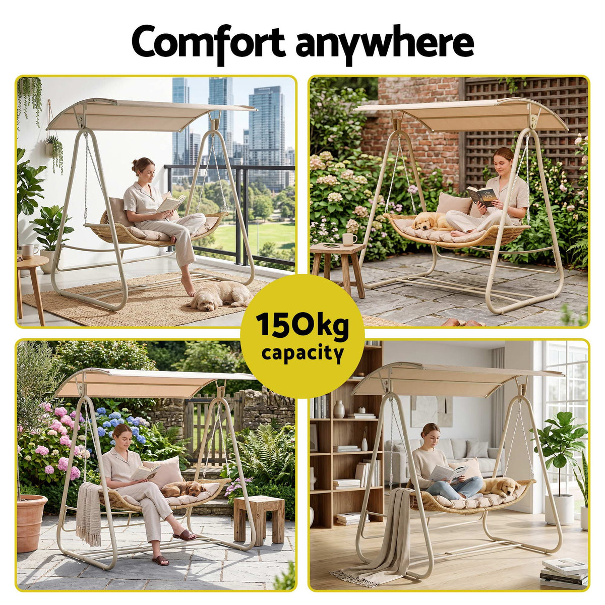 Gardeon Outdoor Swing Chair with beige rattan two-seater, curved seat, soft cushions and adjustable canopy
