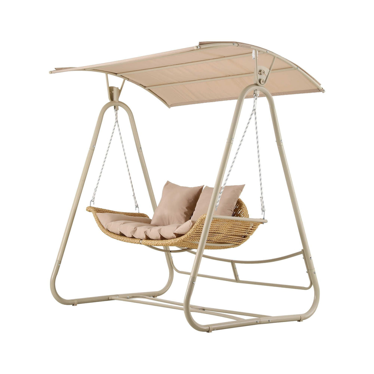 Gardeon Outdoor Swing Chair with a beige woven rattan two-seater, soft cushions, and adjustable fabric canopy