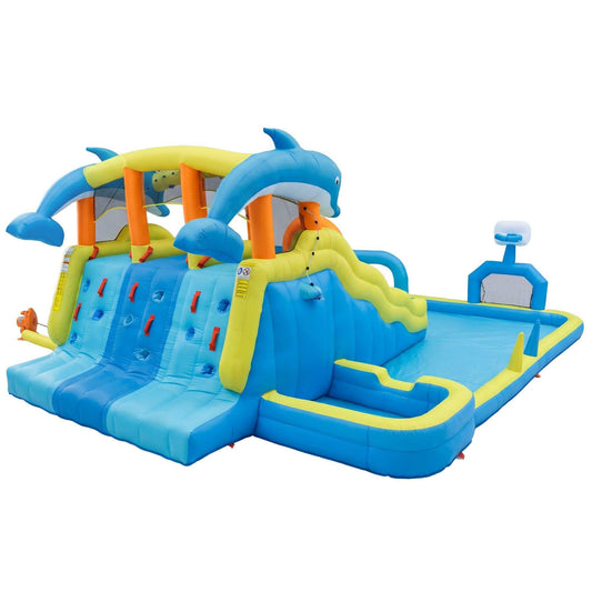 Keezi Inflatable Splash Kids Pool in blue and yellow PVC, featuring three slides, dolphin arches and a splash pool