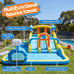 Keezi Inflatable Splash Kids Pool in blue, yellow and orange, featuring three slides, basketball hoop, goal and splash pools