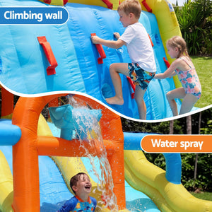 Keezi Inflatable Splash Kids Pool with bright blue inflatable climbing wall, orange grips and overhead water spray