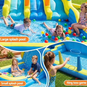 Keezi Inflatable Splash Kids Pool in bright blue, yellow and orange PVC with large and small splash pools and ring toss