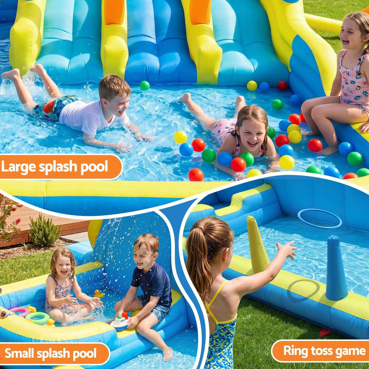 Keezi Inflatable Splash Kids Pool in bright blue, yellow and orange PVC with large and small splash pools and ring toss