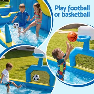 Keezi Inflatable Splash Kids Pool in bright blue and yellow PVC, with splash water, basketball hoop and football goal