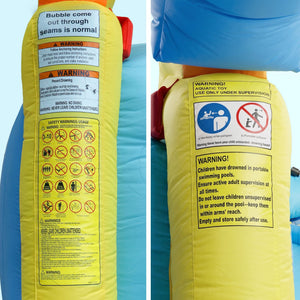 Keezi Inflatable Splash Kids Pool with yellow safety labels and warning text on its inflatable fabric side