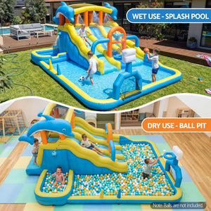 Keezi Inflatable Splash Kids Pool in bright blue and yellow with orange accents, multiple slides, pool and ball pit