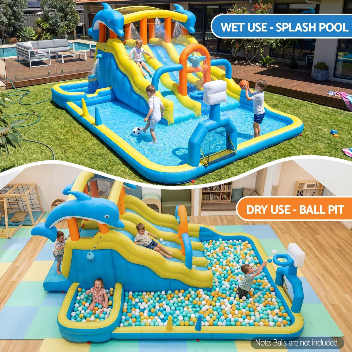 Keezi Inflatable Splash Kids Pool in bright blue and yellow with orange accents, multiple slides, pool and ball pit