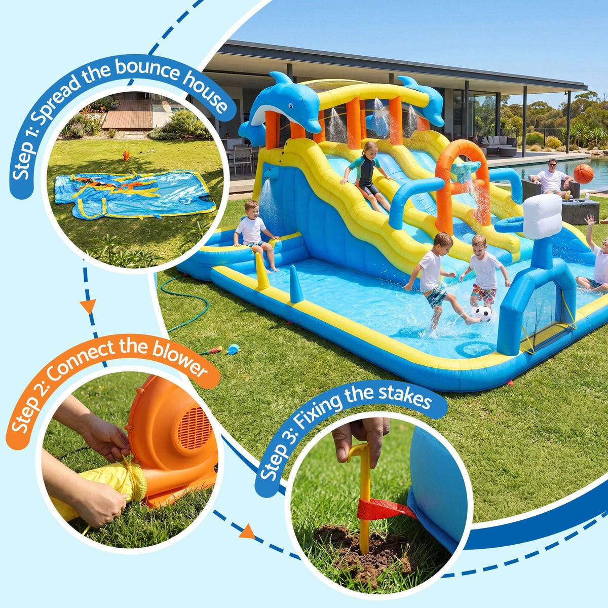 Keezi Inflatable Splash Kids Pool with blue and yellow PVC slides, climbing wall, splash pools and basketball hoop