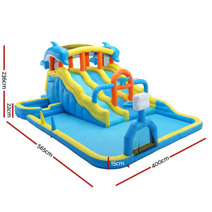 Keezi Inflatable Splash Kids Pool with a yellow, blue and orange inflatable slide park, splash pool and basketball hoop