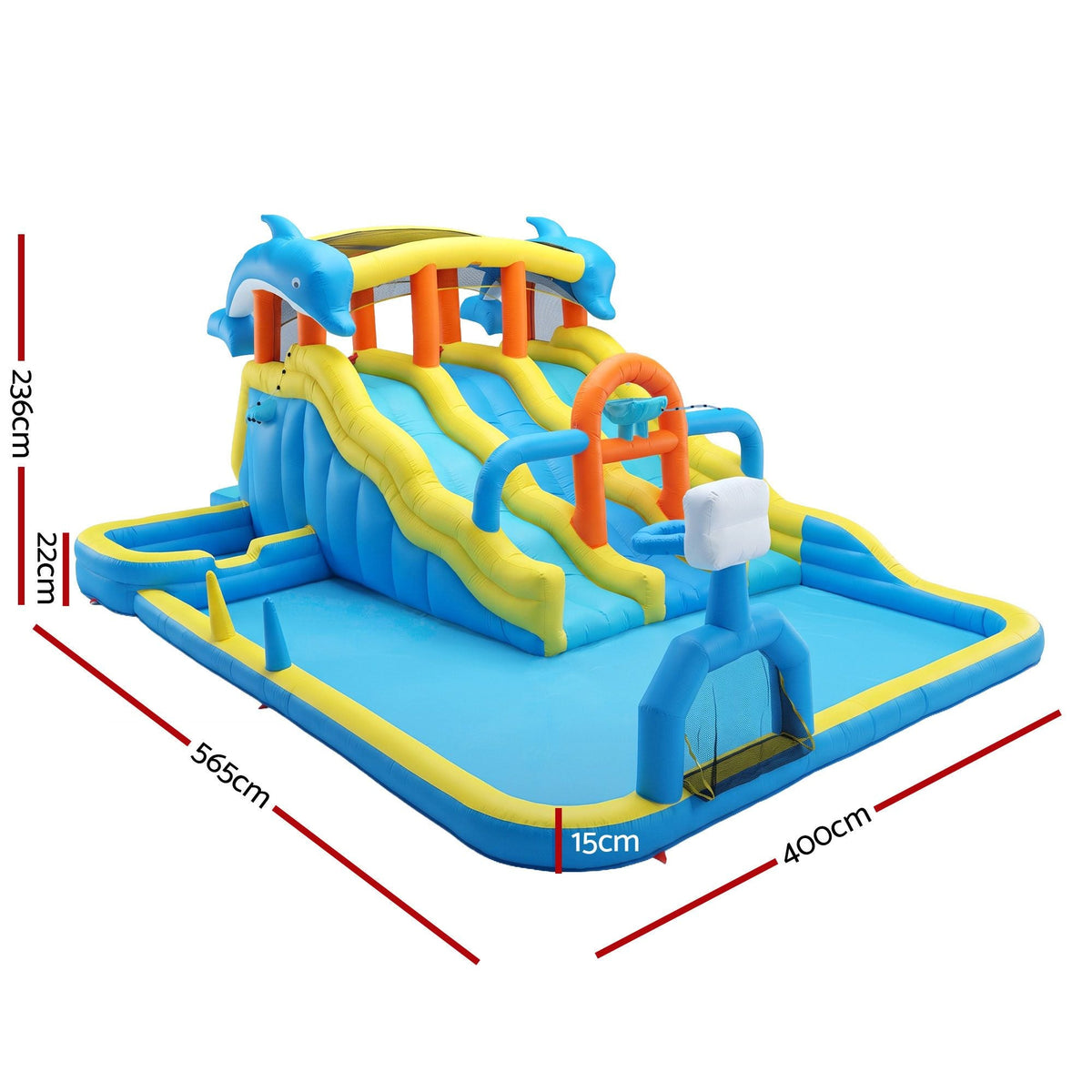 Keezi Inflatable Splash Kids Pool with a yellow, blue and orange inflatable slide park, splash pool and basketball hoop