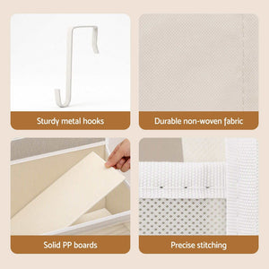 Over Door Storage Hangers in beige non-woven fabric with sturdy metal hooks, solid PP boards and precise stitching