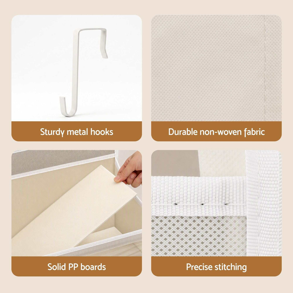 Over Door Storage Hangers in beige non-woven fabric with sturdy metal hooks, solid PP boards and precise stitching