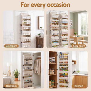 Over Door Storage Hangers in beige fabric with six tiers of clear-front pockets, shown storing items in home spaces