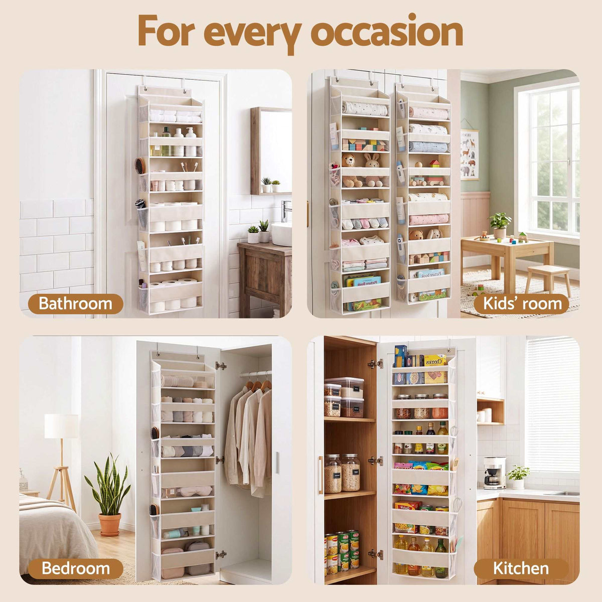 Over Door Storage Hangers in beige fabric with six tiers of clear-front pockets, shown storing items in home spaces
