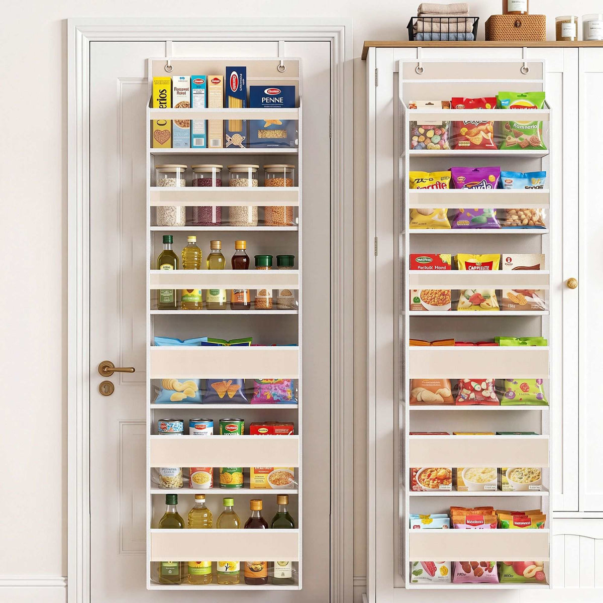 Over Door Storage Hangers in beige fabric with multiple rigid-lined tiers, filled with pantry goods and hung over doors
