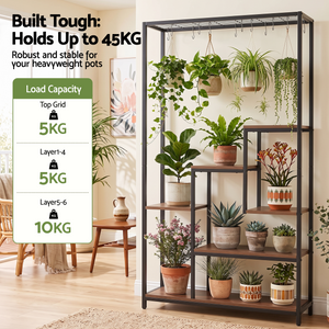 Artiss Tall Plant Stand Indoor with black metal frame, walnut-brown shelves, stepped tiers and hanging hooks displaying potted plants