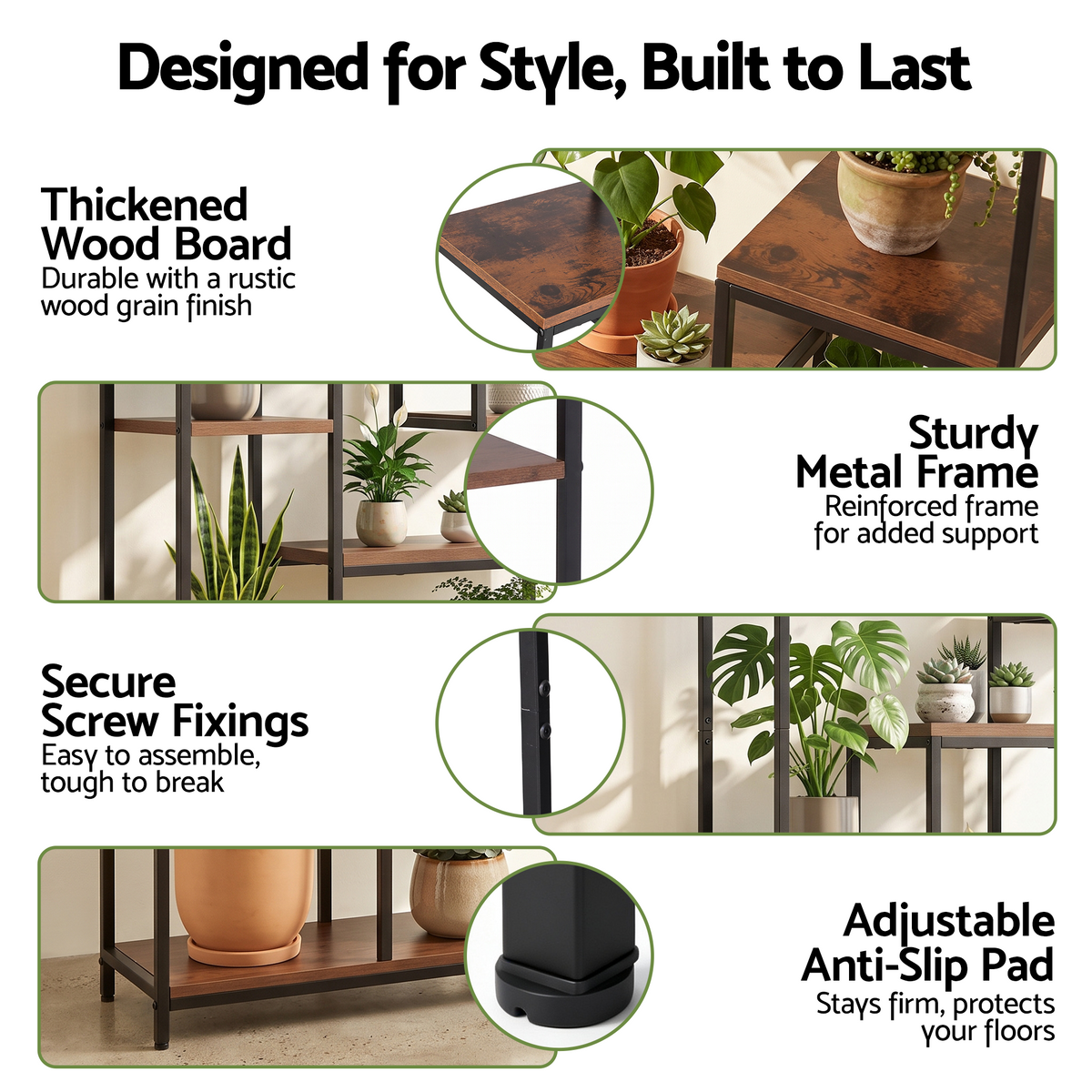 Artiss Tall Plant Stand Indoor with black metal frame, rustic brown wood-grain shelves and adjustable anti-slip feet