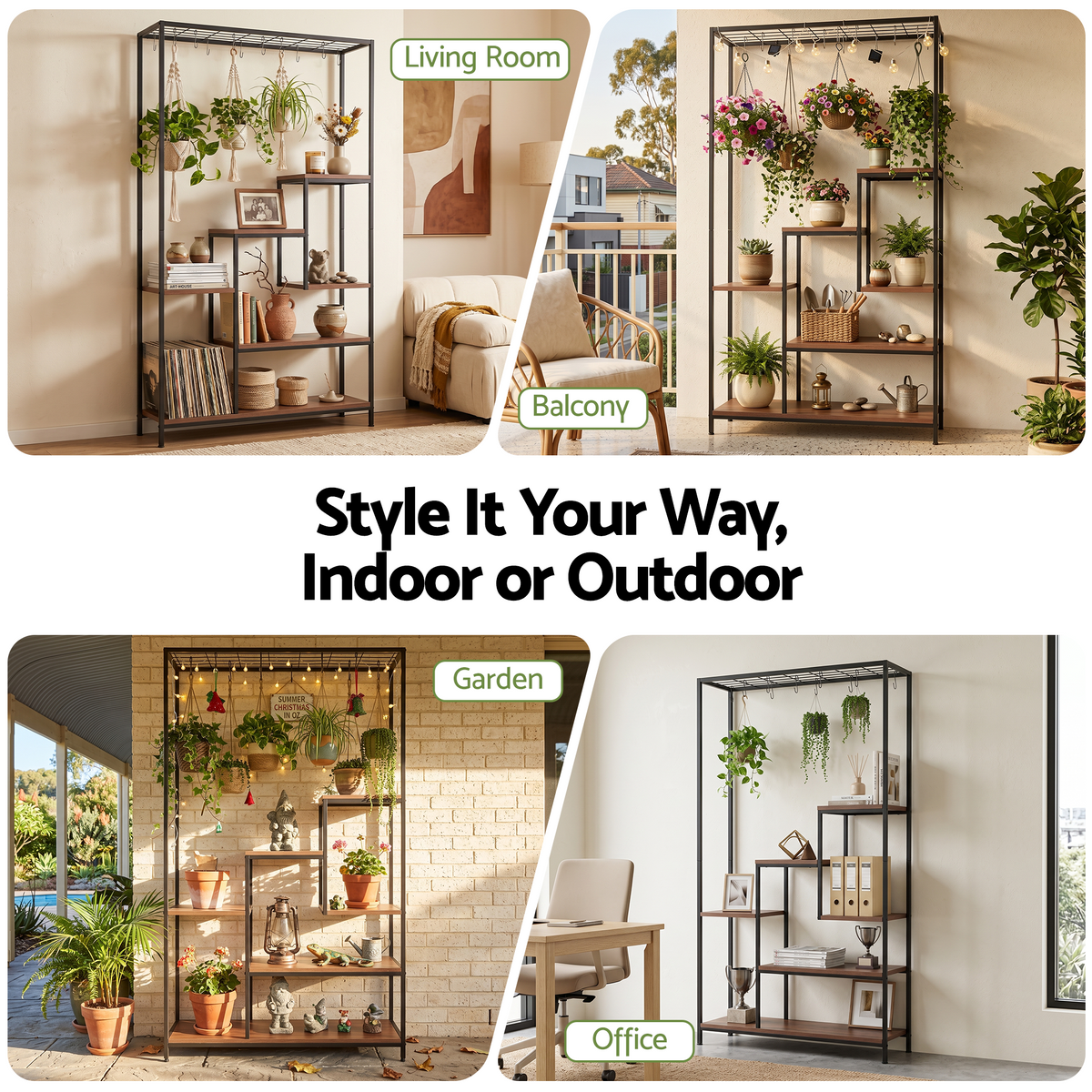 Artiss Tall Plant Stand Indoor with a black metal frame, walnut shelves and top hanging hooks in a six-tier display