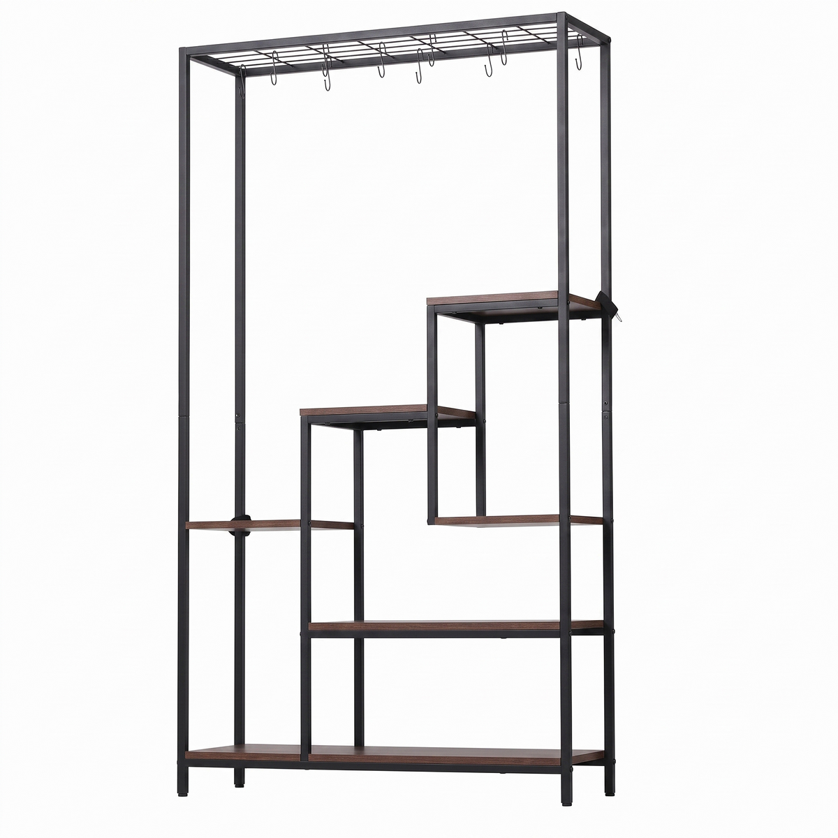 Artiss Tall Plant Stand Indoor, a black metal frame with walnut brown stepped shelves and a top wire grid with hanging hooks