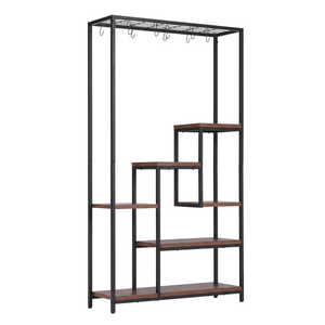 Artiss Tall Plant Stand Indoor with black metal frame, walnut-brown shelves, stepped tiers and hanging hooks