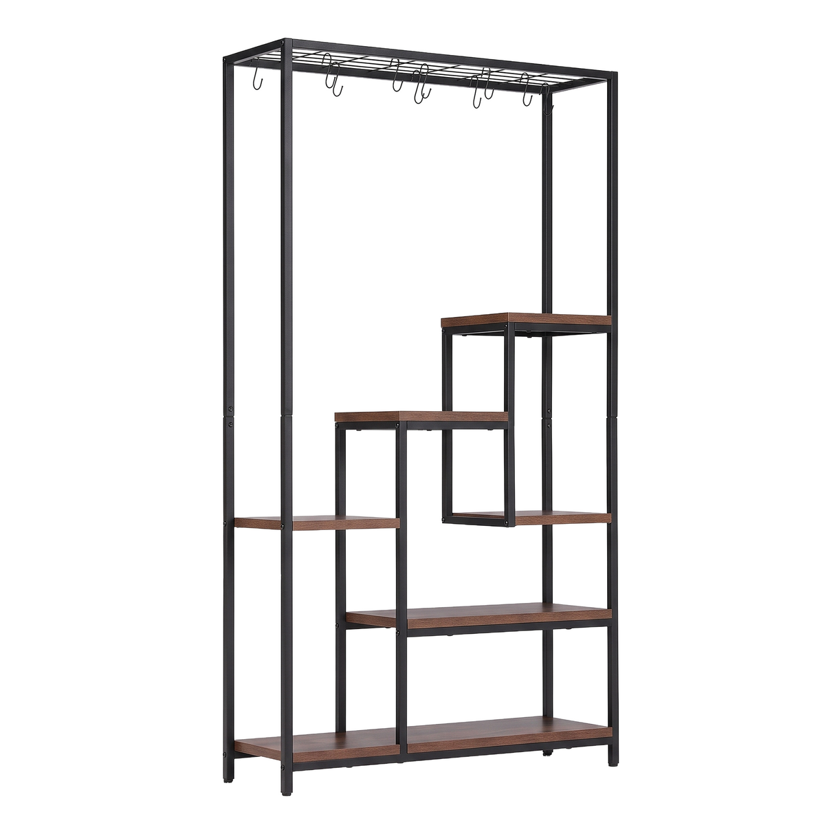 Artiss Tall Plant Stand Indoor with black metal frame, walnut-brown shelves, stepped tiers and hanging hooks