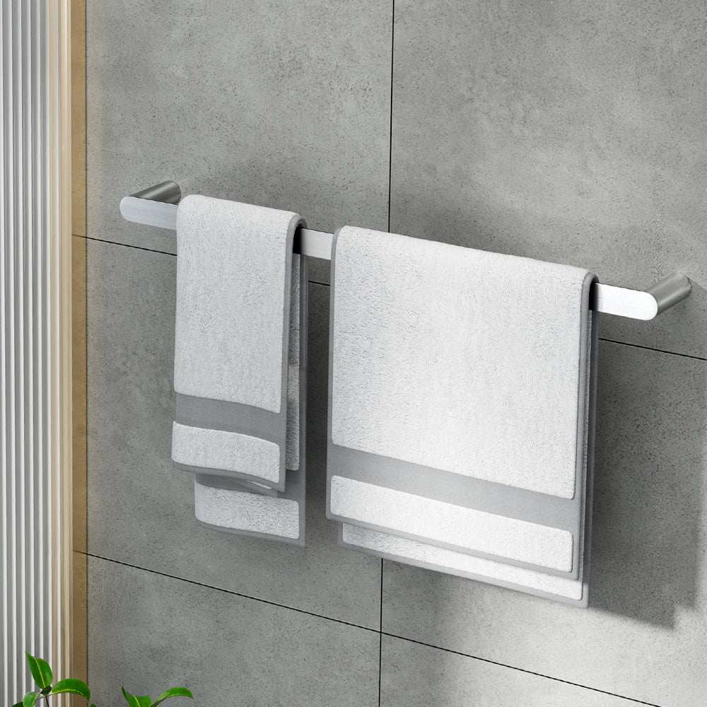 Towel Rail Rack Holder, silver wall-mounted rail with a smooth cylindrical bar holding two white towels with grey bands