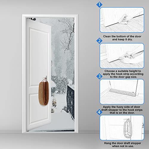 Weighted Door Draft Stopper in brown fabric with a padded wedge shape and hanging strap, shown fitted to a door.
