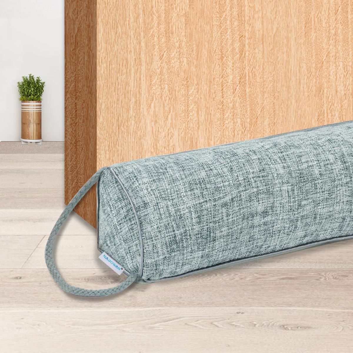 Weighted Door Draft Stopper in blue-grey woven fabric, cylindrical with a loop strap at one end