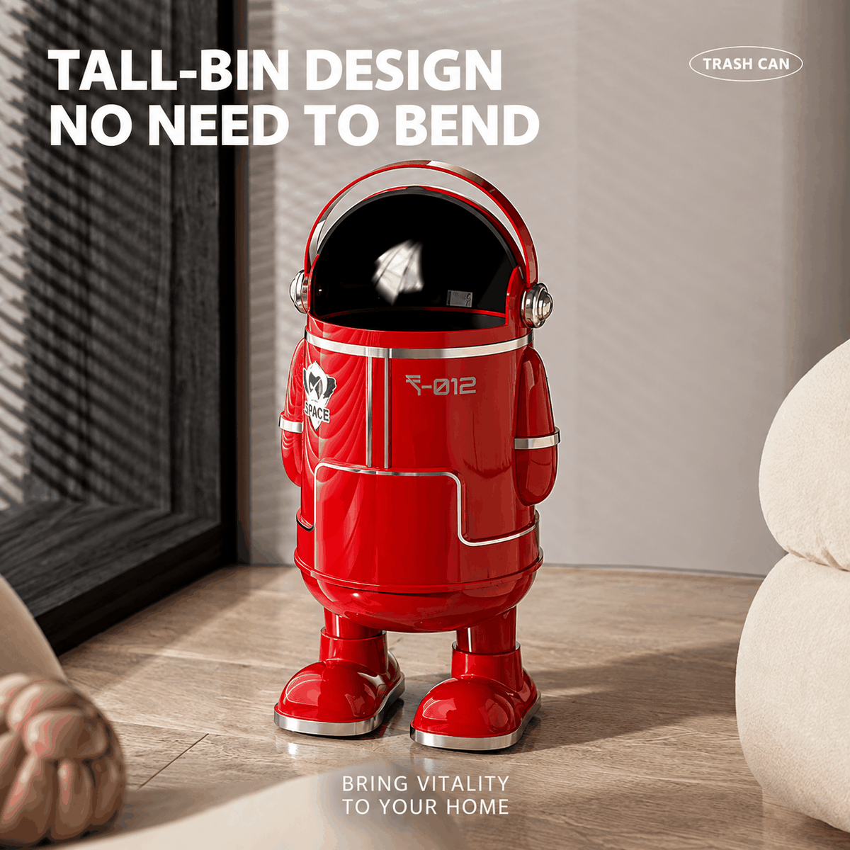 13L Astronaut Rubbish Bin with Sliding Lid & Wheels – Beige