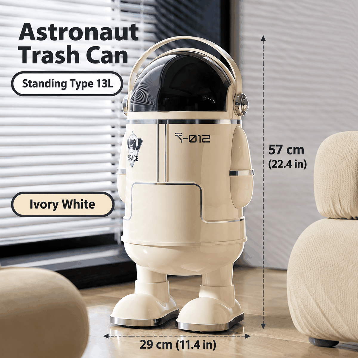13L Astronaut Rubbish Bin with Sliding Lid & Wheels – Beige