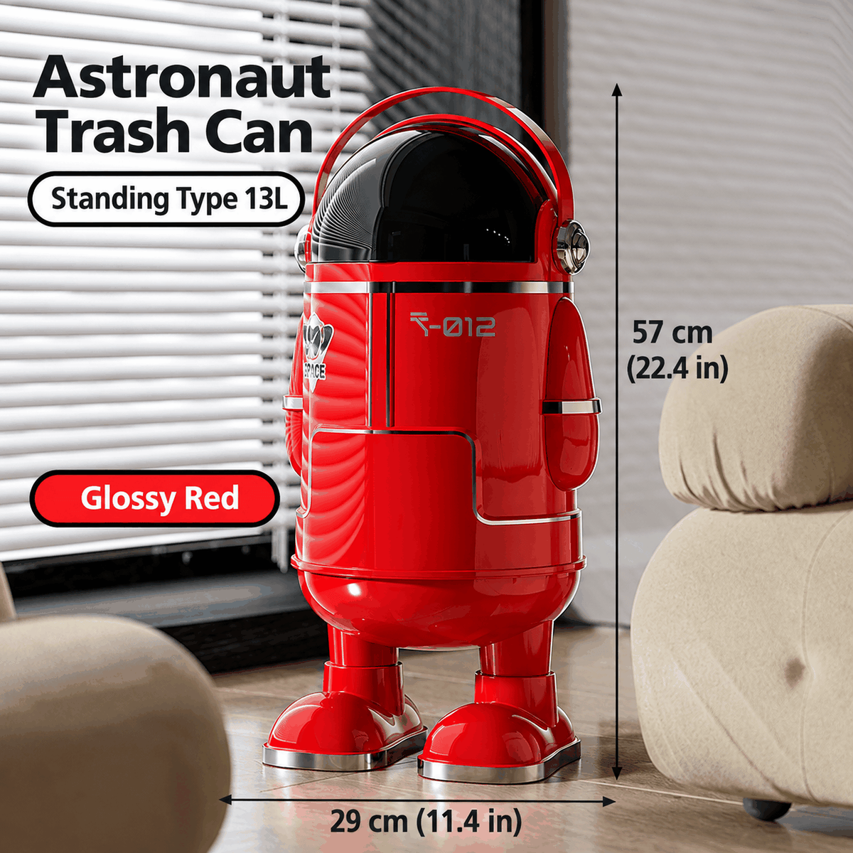 13L Astronaut Rubbish Bin with Sliding Lid & Wheels – Beige