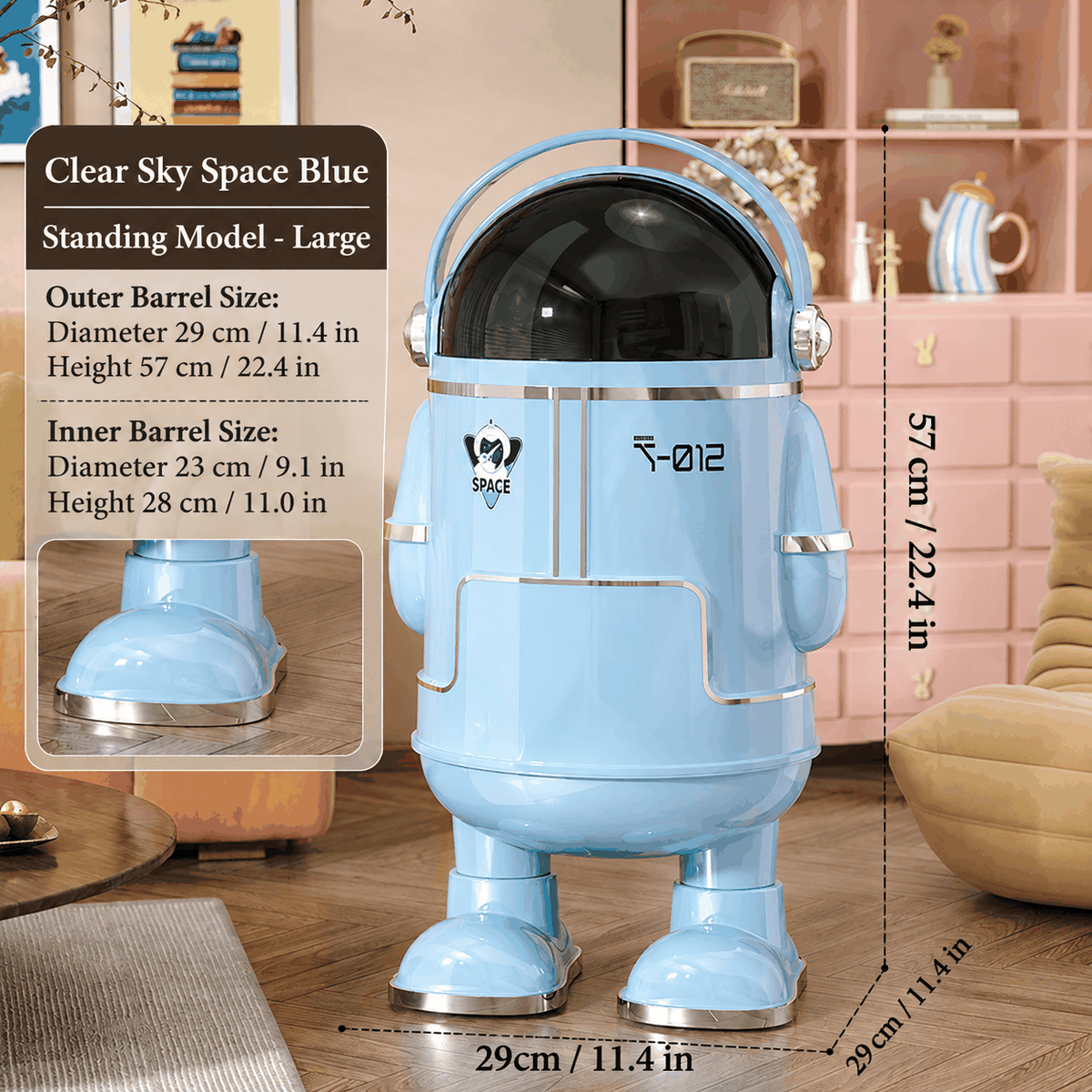 13L Astronaut Rubbish Bin with Sliding Lid & Wheels – Beige