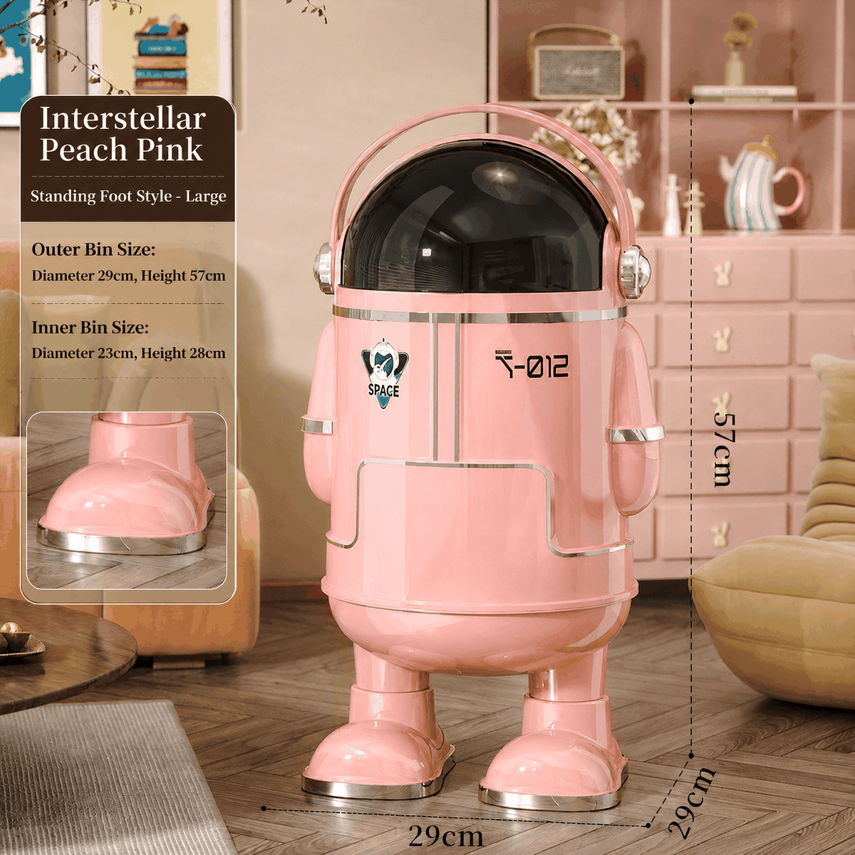 13L Astronaut Rubbish Bin with Sliding Lid & Wheels – Beige