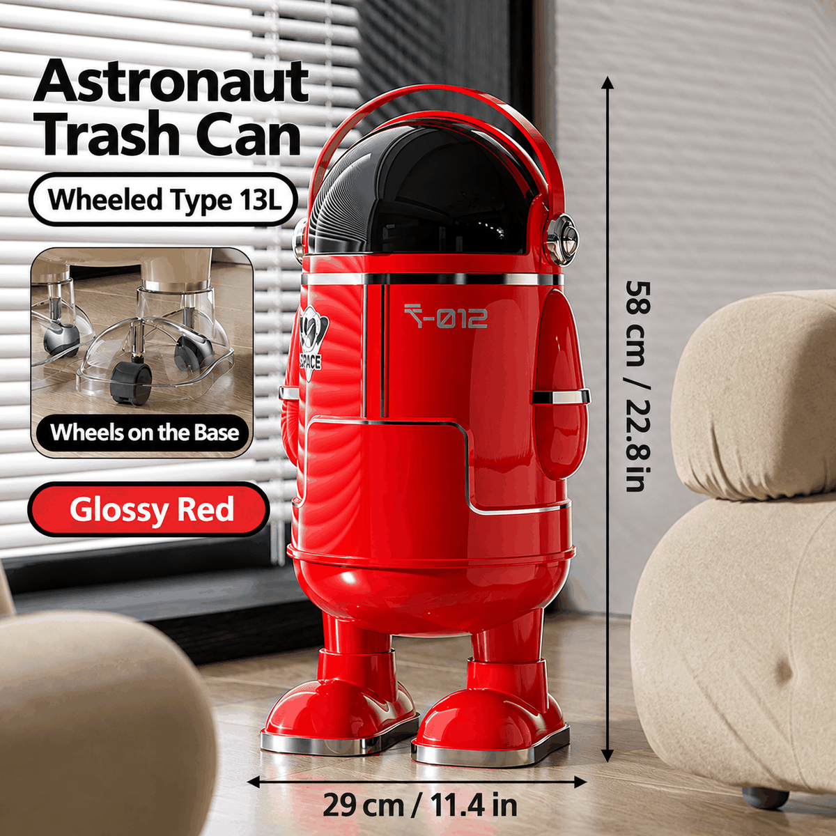 13L Astronaut Rubbish Bin with Sliding Lid & Wheels – Beige