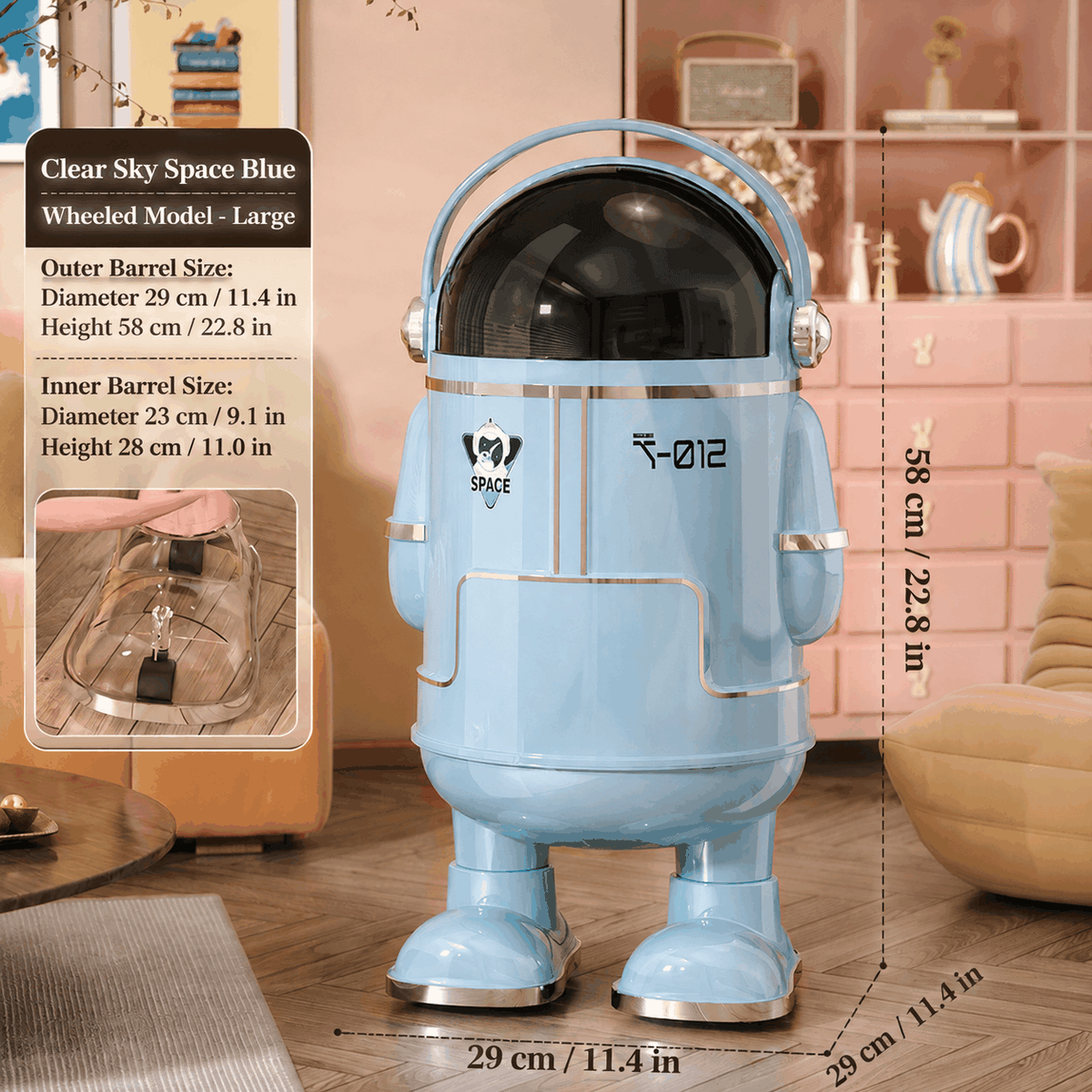 13L Astronaut Rubbish Bin with Sliding Lid & Wheels – Beige