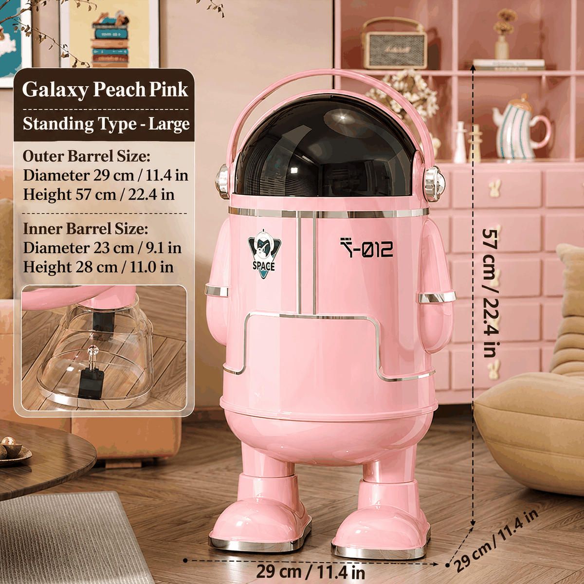 13L Astronaut Rubbish Bin with Sliding Lid & Wheels – Beige