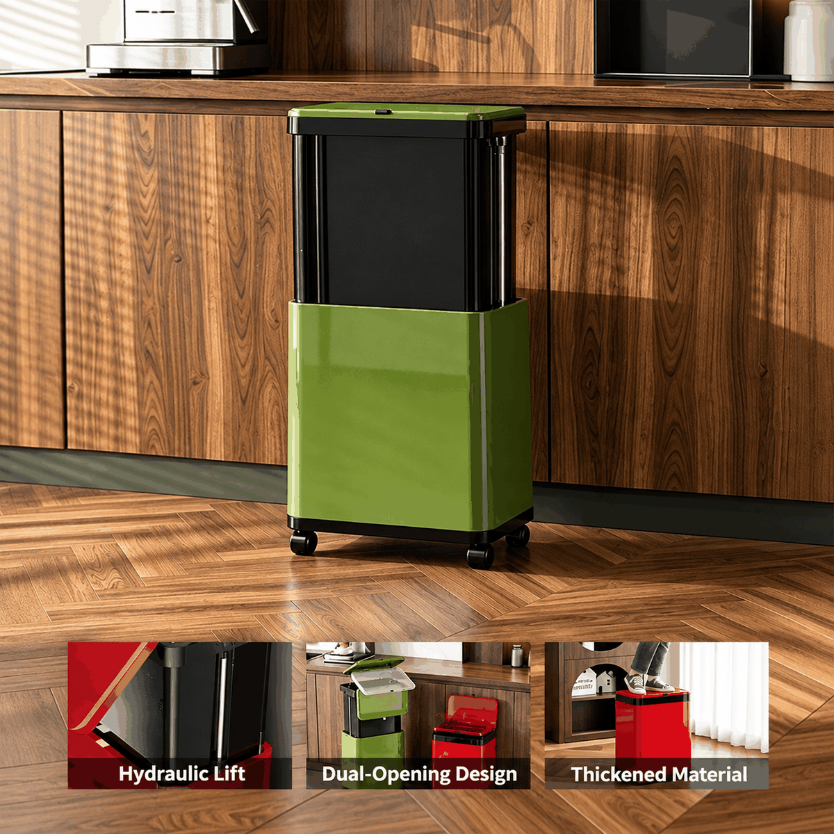 20L Height-Adjustable Rubbish Bin with Wheels – Green