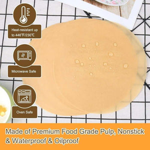 Parchment Paper Rounds in tan food-grade paper, pre-cut circular sheets with a smooth nonstick surface and water droplets