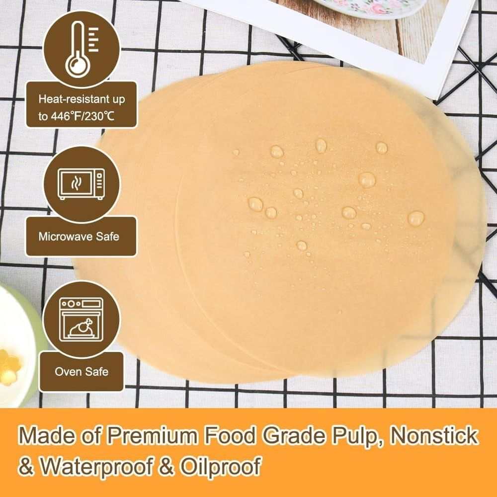Parchment Paper Rounds in tan food-grade paper, pre-cut circular sheets with a smooth nonstick surface and water droplets