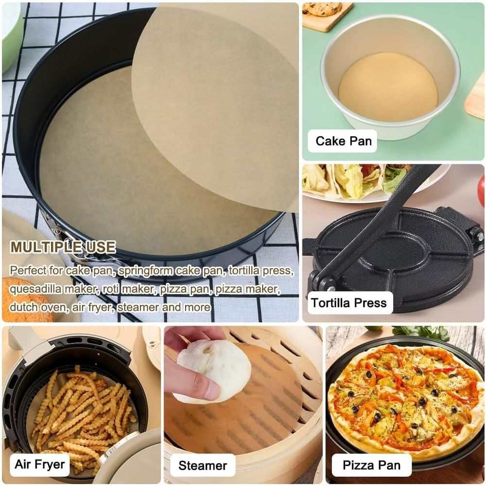 Parchment Paper Rounds are tan, smooth, precut circles shown in a black cake pan and used for baking and cooking.