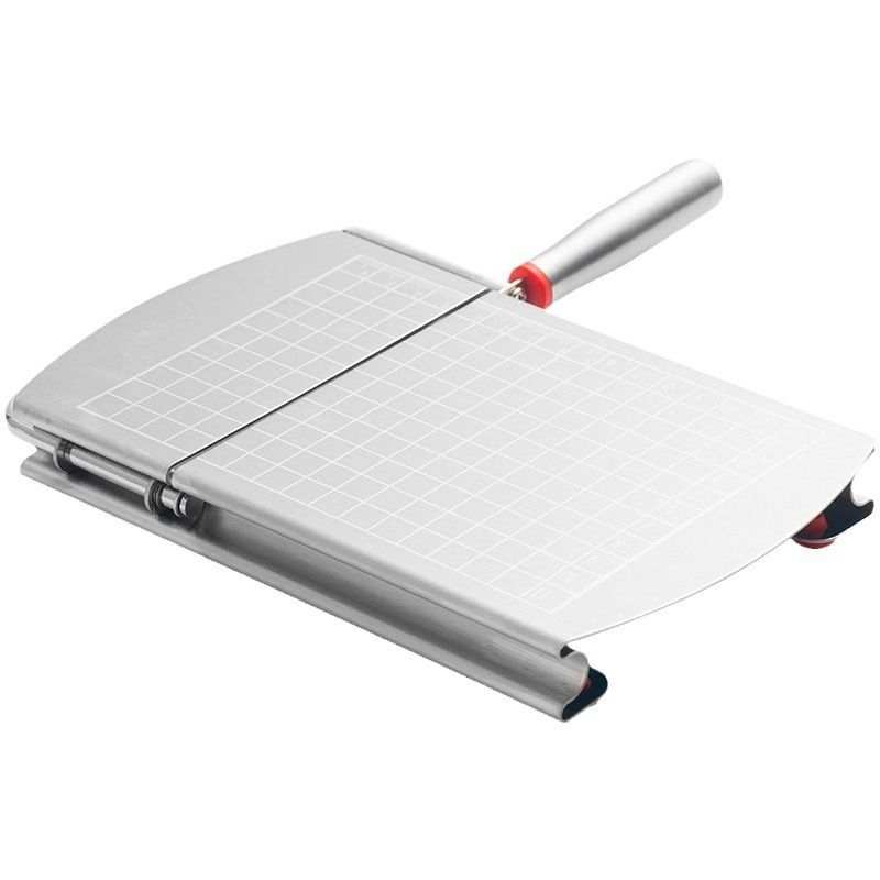 Stainless steel cheese slicer with a silver measurement grid board, cutting wire, long handle and red accents