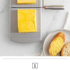 stainless steel cheese slicer with engraved measurement grid, metal cutting wire, grey board and red accents