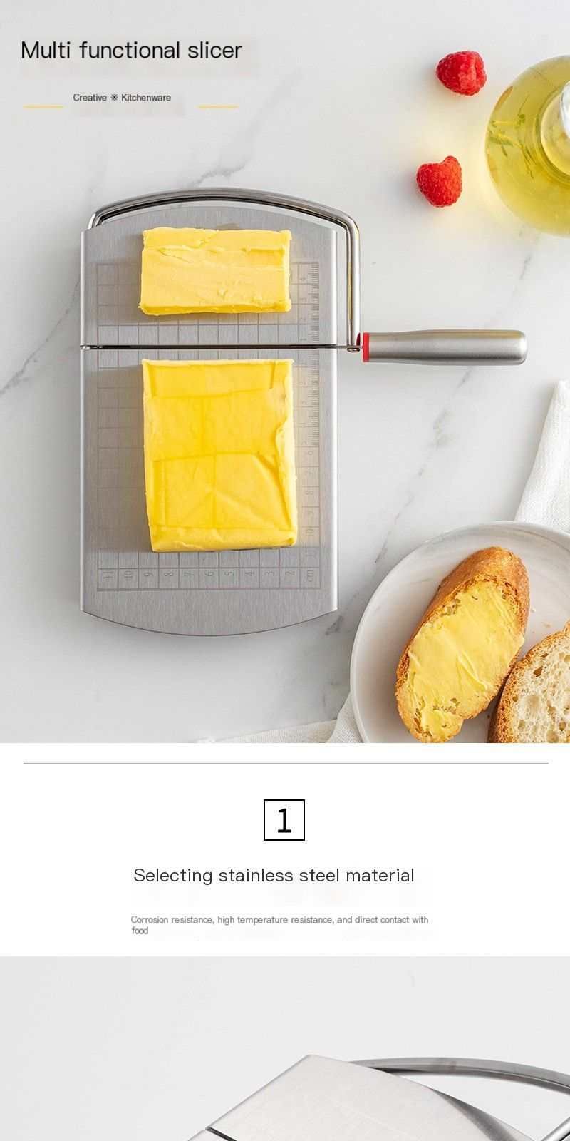 stainless steel cheese slicer with engraved measurement grid, metal cutting wire, grey board and red accents