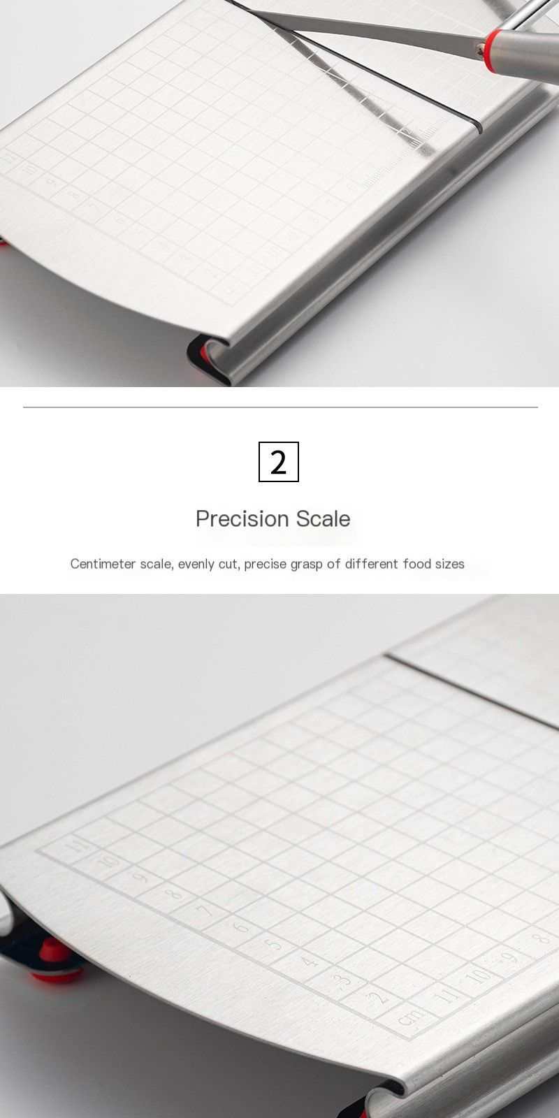 stainless steel cheese slicer with a silver measurement grid board, cutting wire, metal frame and red silicone feet