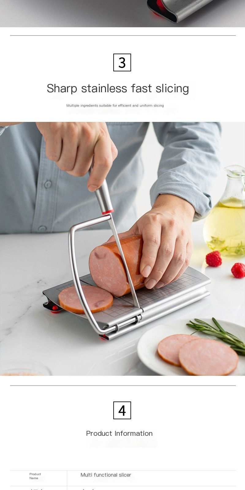 Stainless steel cheese slicer with a silver cutting wire and measurement grid, slicing pink ham with red anti-slip feet